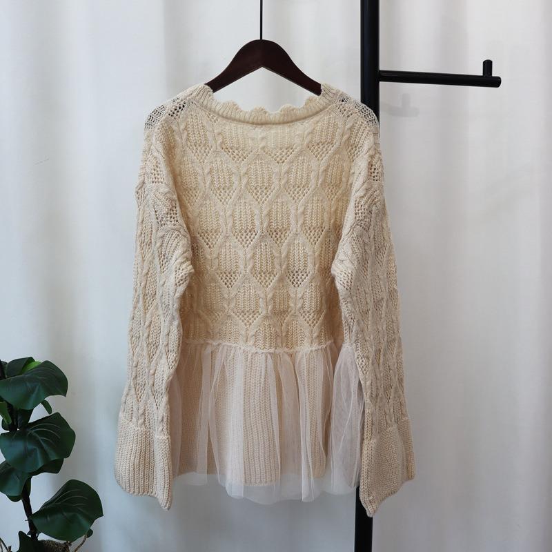 Splicing mesh three-dimensional flower knitted sweater top autumn and winter new design sweet sweater pullover woman