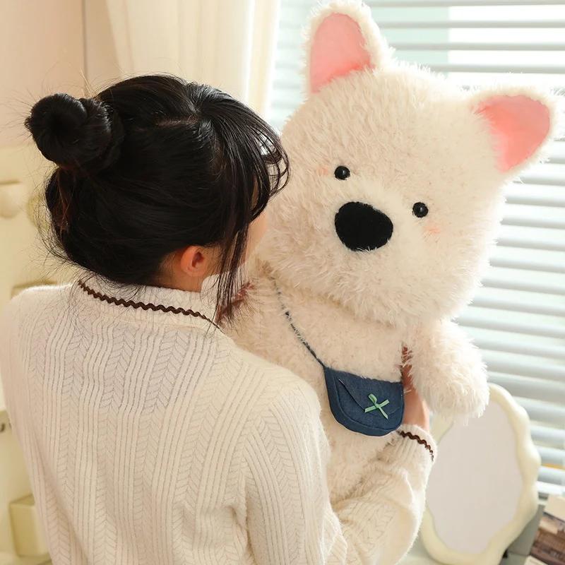 New 22-45cm White Dog Satchel With Long Hair Super Soft Dolls Cartoon Toys Kawaii Animals Baby Comfort Girls Boys Birthday Gifts