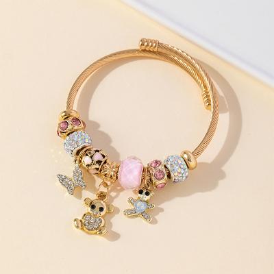 Handmade Beaded Bracelet Butterfly Bear Pendant Crystal Rhinestone Charms Elegant Gift for Women