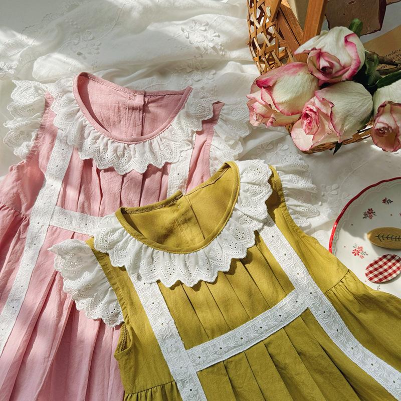 Girls Summer Lace Ruffle Collar Pleated Dress Sweet Princess Flutter Sleeve Hem Skirt