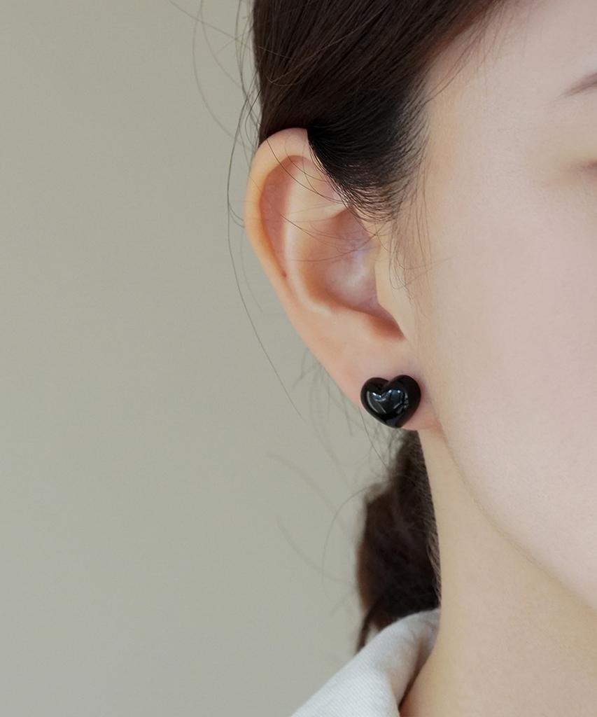 Alleun Silver 925 Chubby Heart Earrings Black Mini Bold