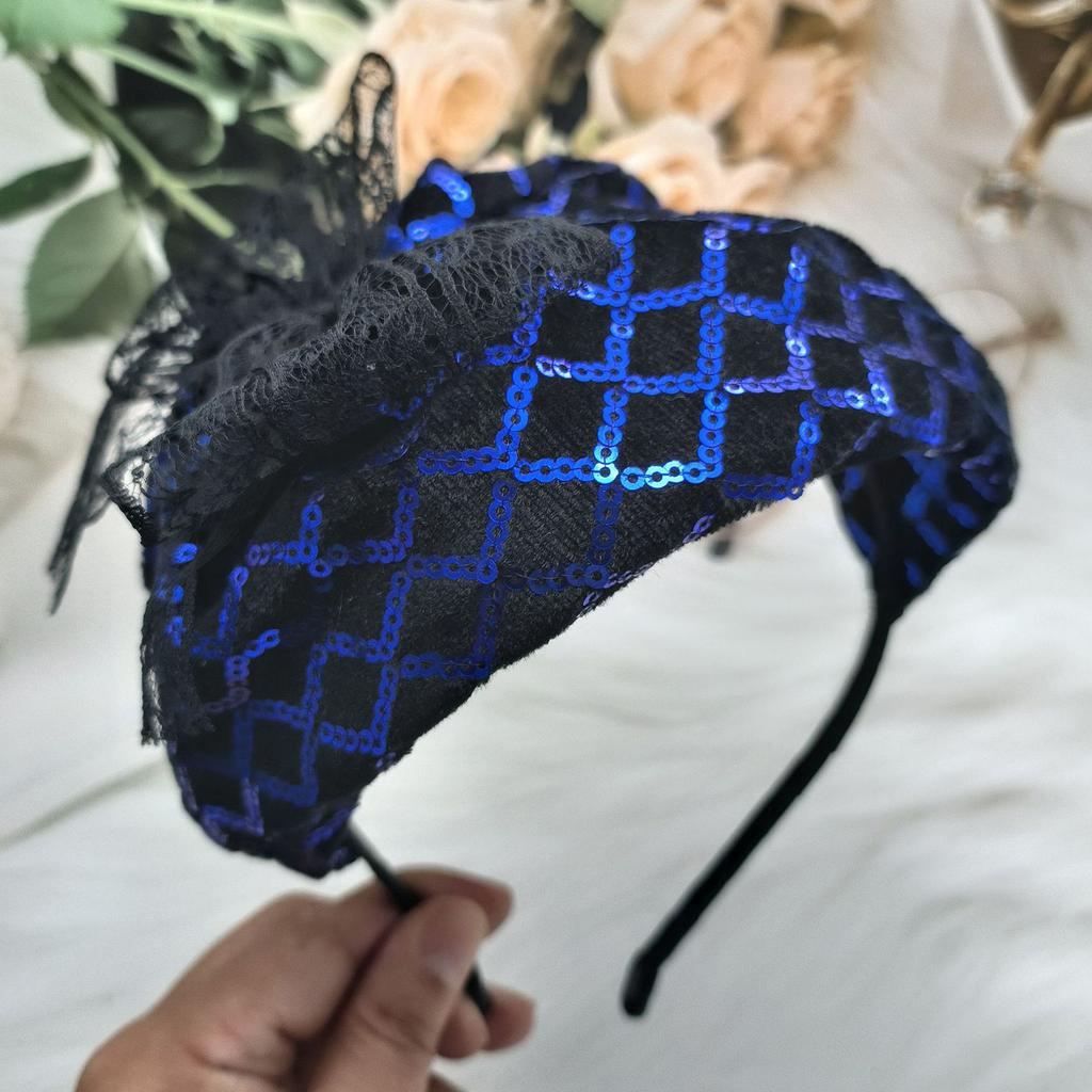 Sequins Half Caps Lace Bowknot Hairhoop for Women French Headband 20s Fascinator Evening Dress Hat for Formal Occasion