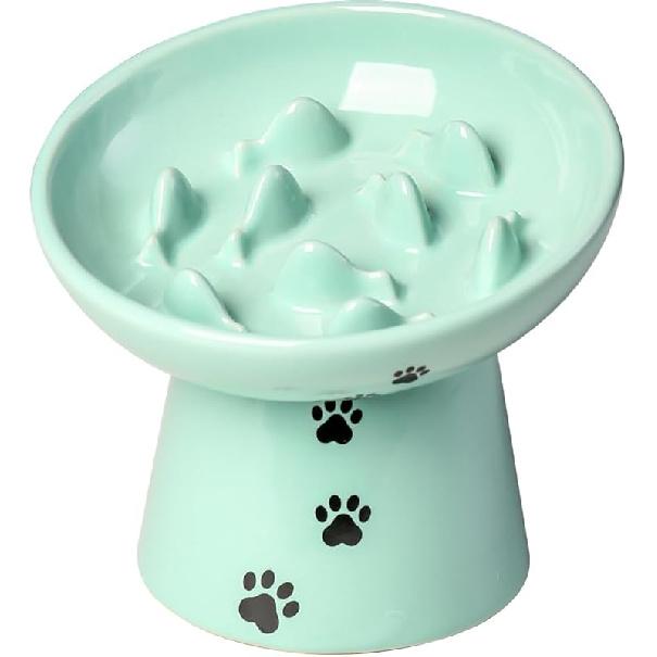 Y YHY Slow Feeder Cat Bowl, Ceramic Cat Slow Feeder Bowl, 6 Inches, Elevated, Anti Vomiting for Dry and Wet Food, White