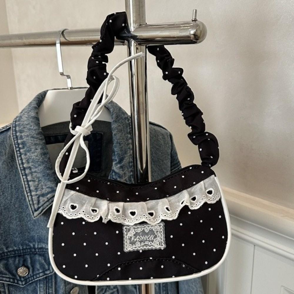 Drawstring Polka Dot Shoulder Bag Stretchable Strap French Stick Handbag Women