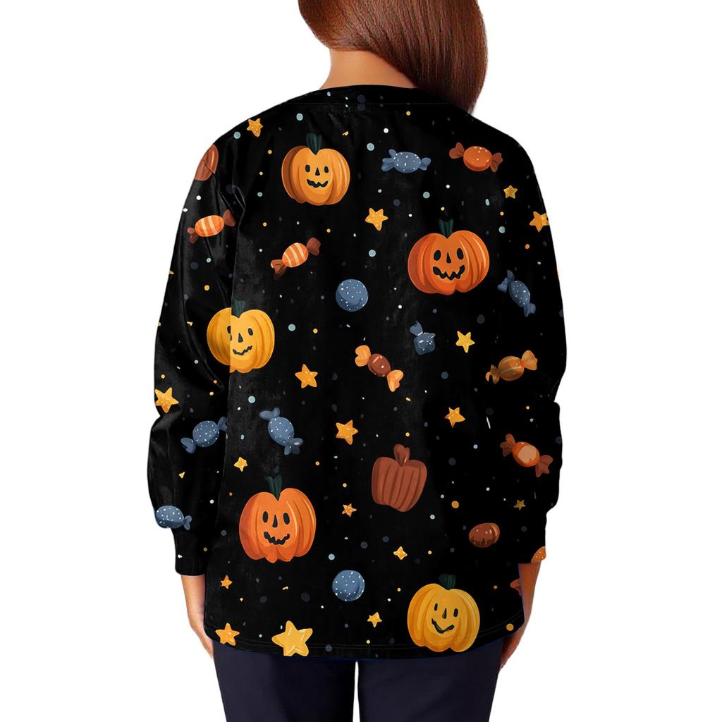 Women's Casual Fashion Long Sleeve Standing Collar Single Breasted Halloween Printed Workwear Jacket Tops