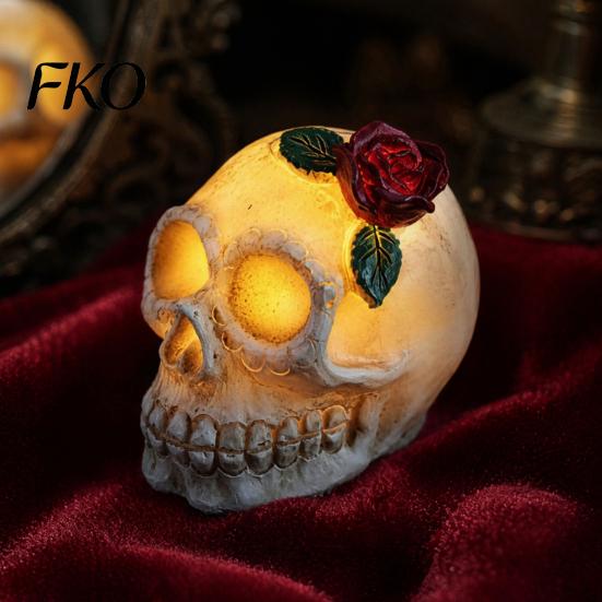 Halloween Umgebungslicht Gotische Schädel Rose Figur, Tag der Toten Harz Party Dekoration Statue, Gruselige Skelettkopf Lampe für Schreibtisch