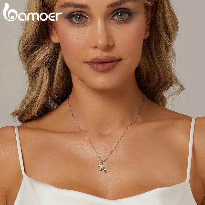 BAMOER White Gold Plated Fish Tail Necklace for Women, 925 Sterling Silver Nano Opal Heart Necklace