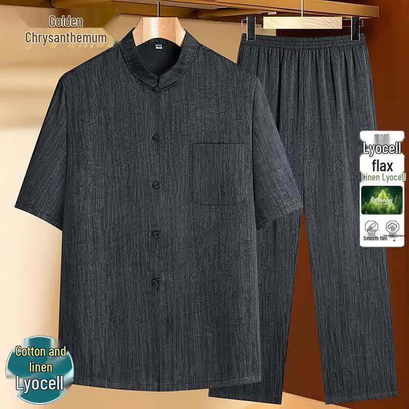 Men s Chinese Style Cotton Linen Short Sleeve Set M