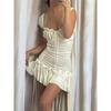 French Style Pleating Bubble Ruched Dress Ins Fancy Square Collar Lace up Sexy Skirt