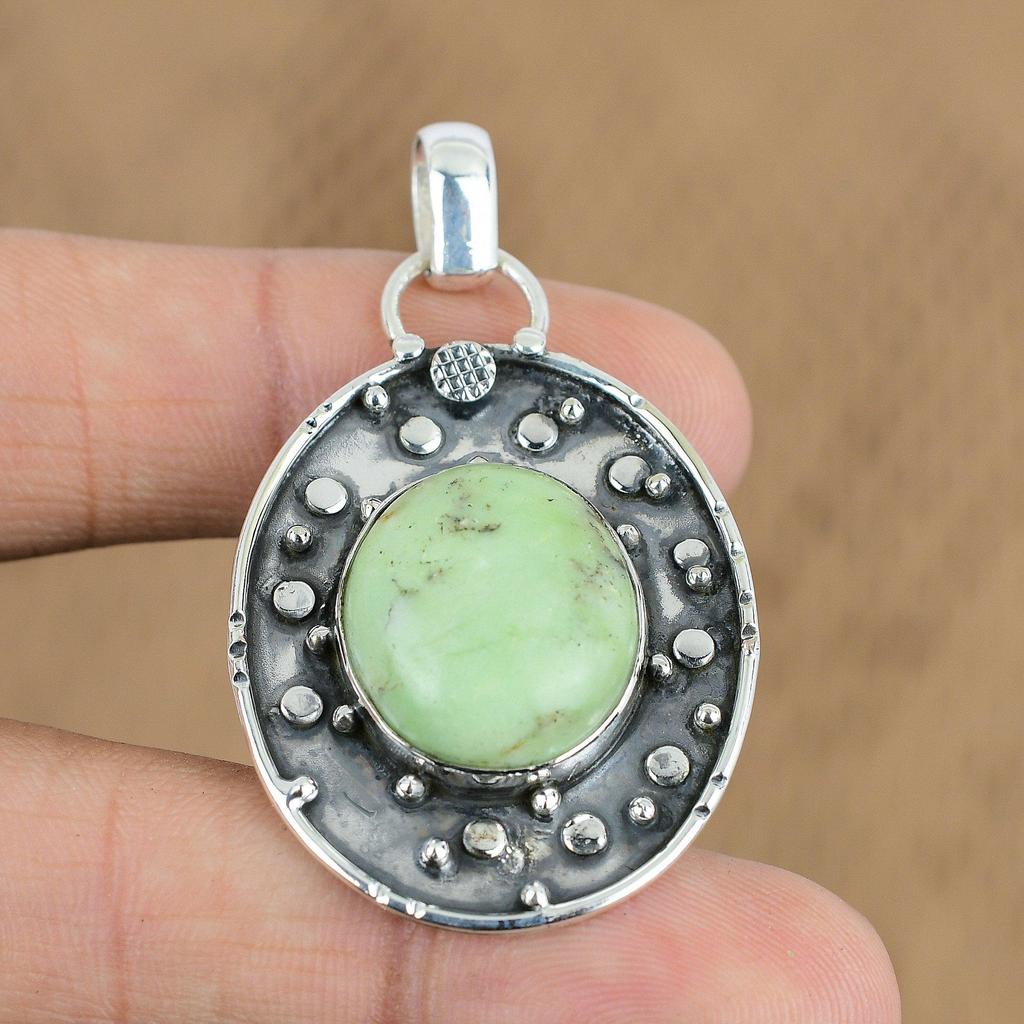 Pendentif en Pierre Précieuse Chrysoprase Brésilienne Naturelle Vert Argent Sterling 925 Bijou