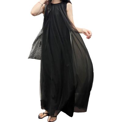 Sleeveless Long Dress for Solid Plus Length Crew Slimming Super Daily Magazine White [SIPERLARI] Women, Chiffon, Figure-Flattering, Color, Sizes,