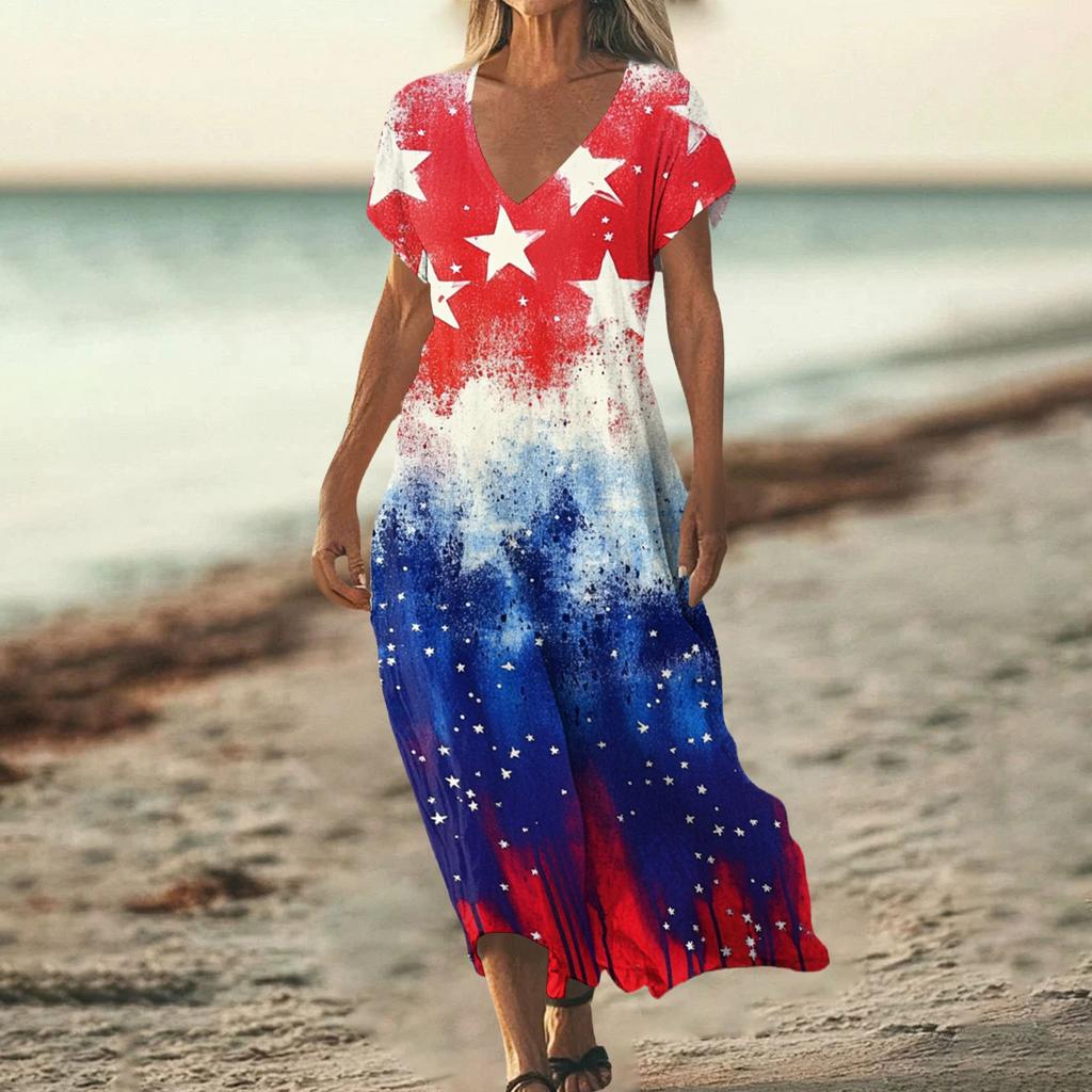 Sommerkleid Damen Lang Strandkleid Elegantes Kleid V-Ausschnitt Kurzarm Sommerkleid Leicht Luftig