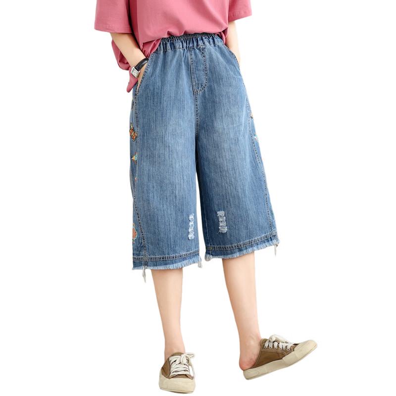 LangSha Women's Embroidered Denim Capri Pants