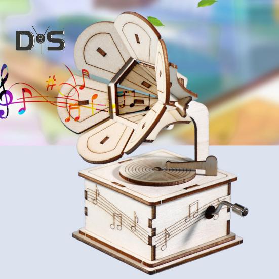 1 Set DIY Retro Gramophone Model Kit Handmade Wooden Puzzle Hand-cranked Phonograph Building Crafts Record Player STEM Project Kids Educational Toy