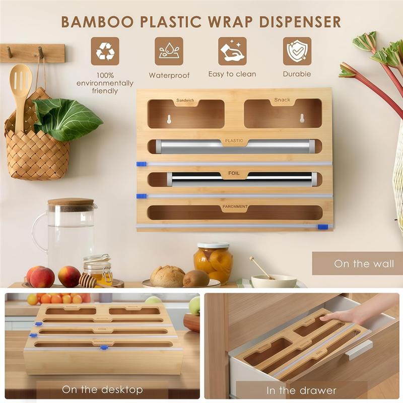 Aluminum Foil Organizer Bamboo 40 Cm Kitchen Roll Cling Film And Foil Organiser Plastic Wrap Dispenser With Cutter