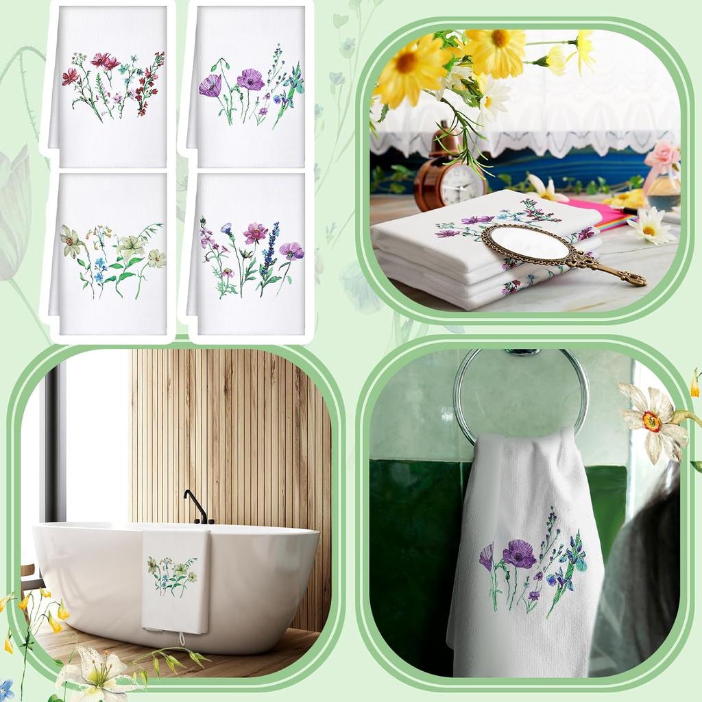 Bencailor 4 Pcs Floral Kitchen Towels Wildflower Print Flower Plants Embroidered Absorbent Dish Towels Housewarming Gift for Autumn Fall Bathroom