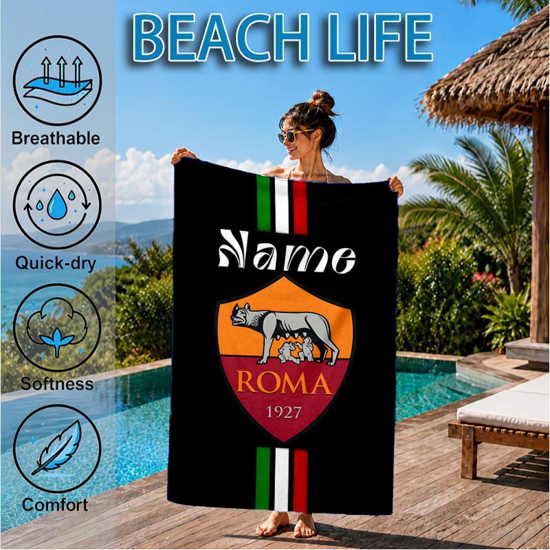 Custom Name Beach Towel Roma Football Crest Emblem Microfiber Beach Towel, Lightweight for Summer Travel, Swimming Pool Fan Birthday Gift