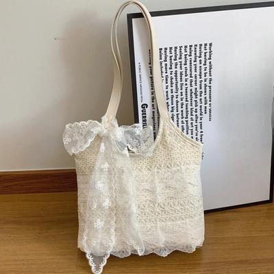 Sweet Bow Lace Women's Beach Shoulder Bag Summer Vacati Style Ladies Commuter Tote Bags Retro Ribb Female Purse Handbags