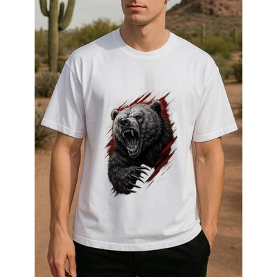 European Sizes Wild Bear Pattern Men's Printed Short-sleeved T-shirt, New Breathable Men's Wear, Fashionable Style, Loose Round-neck Top