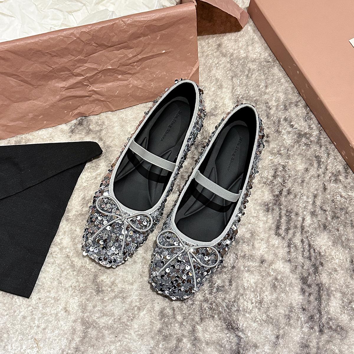 

796-6 Французские туфли на плоской подошве с квадратным носком, новые черные туфли с темпераментом, с бантом и пайетками, с внутренней платформой, женская обувь 40 серебряный