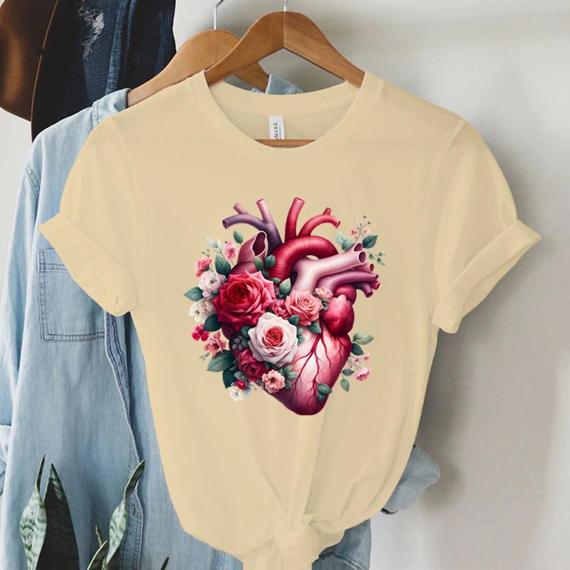 Watercolor Heart Floral Tshirt Women Funny Anatomical Graphic Tee Shirt Top Aesthetic Vintage Women Cardiology Nursing Tshirts