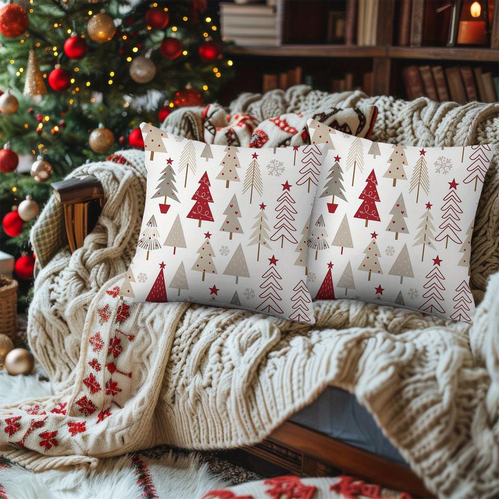 2Pcs Red Stripe Christmas Tree Polka Dot Ornament Christmas Throw Pillow Covers Gray Snowflake Star Cushion Case Winter