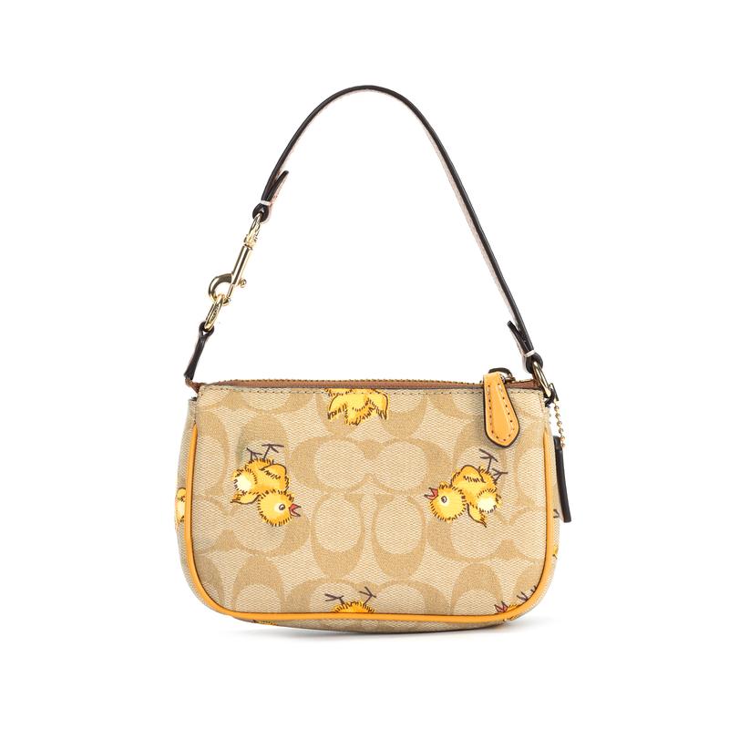 COACH Nolita 15 Chicken Cartoon Animal Print Chain Artificial Leather Wrist Bag Clutch Regular Women's Khaki Color Yellow