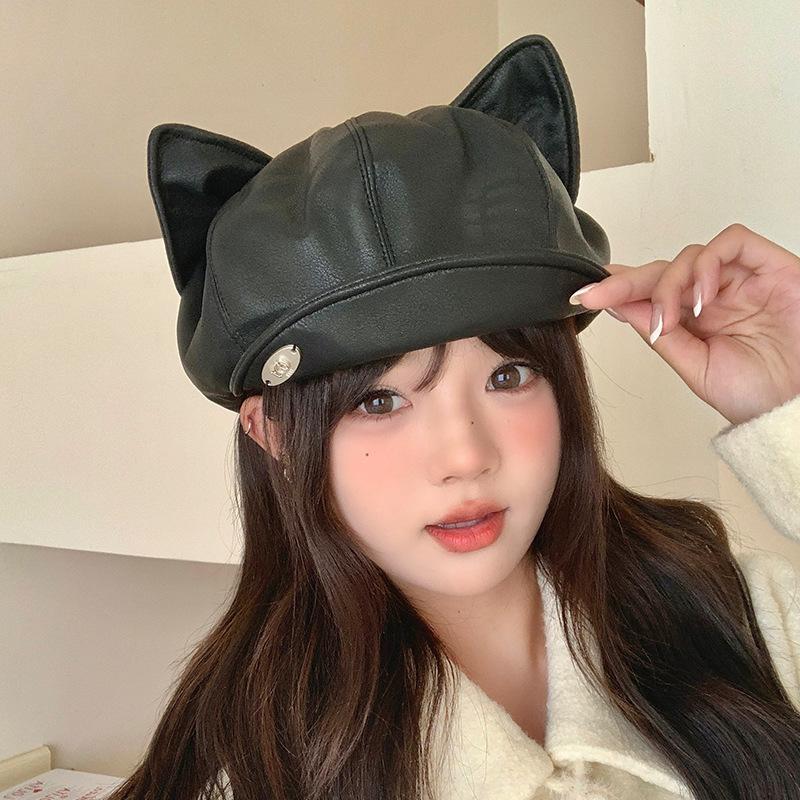 New PU Leather Hat for Women Japanese Retro Cute Cat Ears Beret Autumn Versatile Painter Octagonal Hat