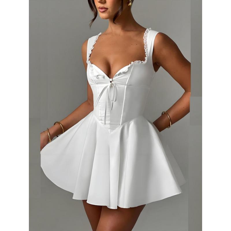 Summer Lovely Sweet A Line Short Dress Yellow Sexy Sleeveless Lace Up Pleated Party Dresses Hollow Out Slim Fit Elegant Holiday Dress Women