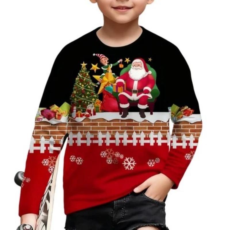 Children's Christmas Reindeer Print T-shirt Boys Cute Round Neck Long Sleeved Soft Comfortable Top