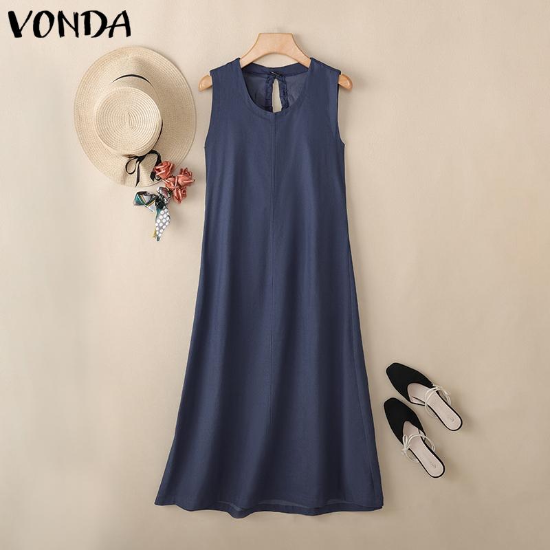 

VONDA Women Round Neck Sleeveless Backless Drawstring Casual Long Dress S