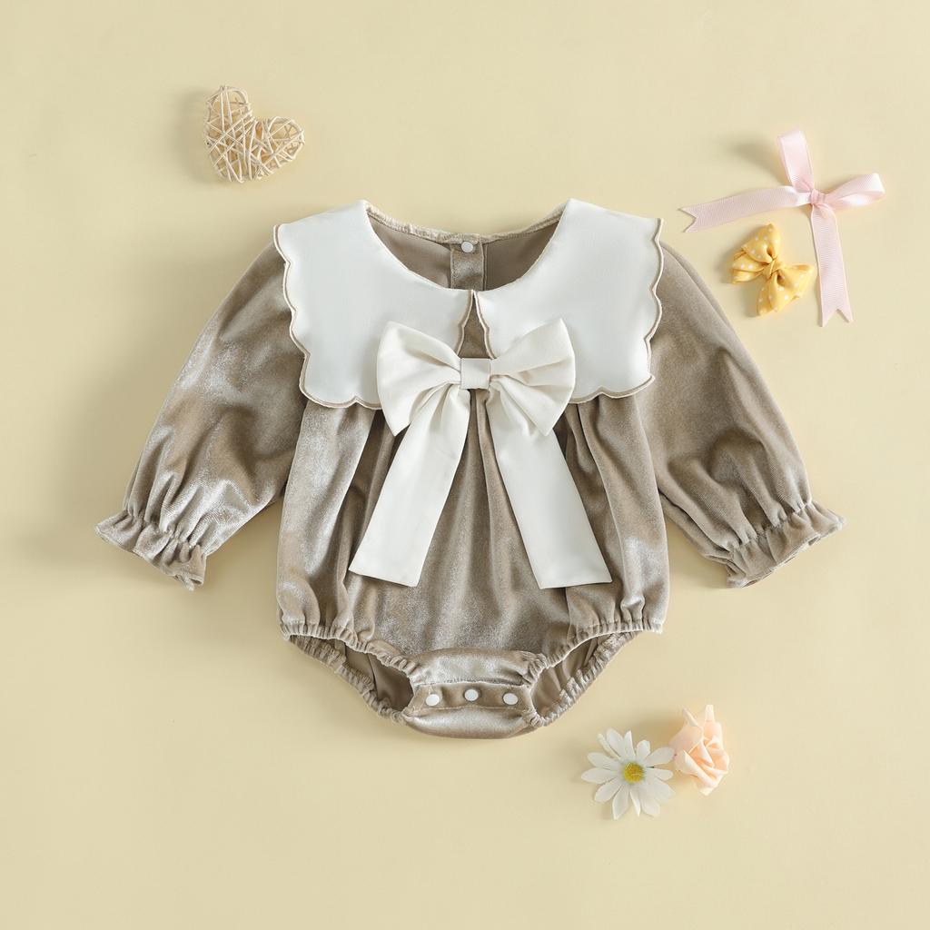 Citgeett Autumn Infant Girl Velvet Bodysuit Long Sleeve Doll Collar Fall Jumpsuit Clothes