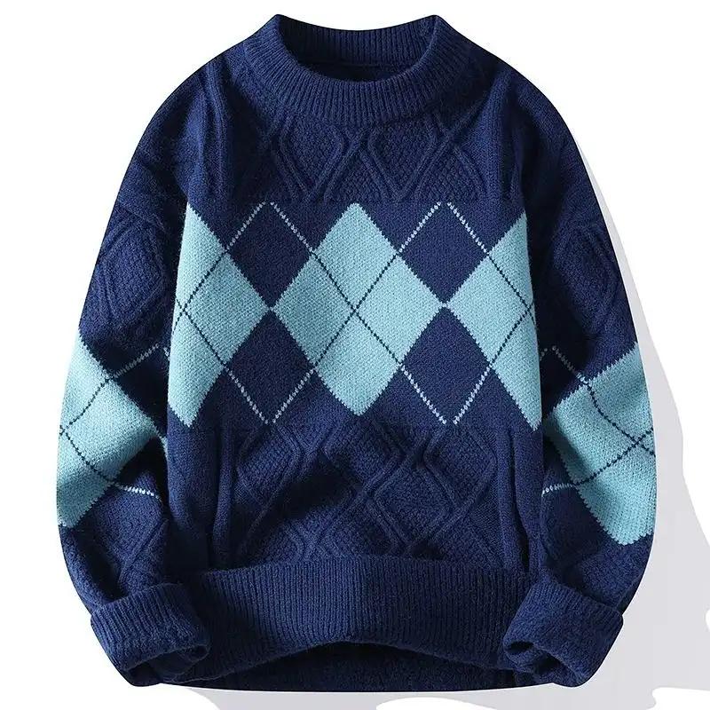 Contrast Color Long-sleeved Sweater Autumn and Winter Loose Bottoming Thickened Round Neck Men's Knitted Sweater Top