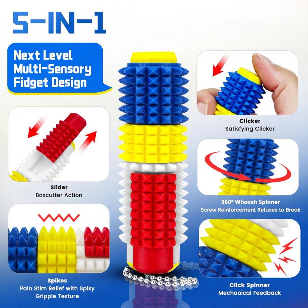 5-in-1 Spiked Roller Toy 3D Printed Spiky Pain Stim Keychain Pocket Mini Sensory Fidget Toy for Anxiety Stress Relief