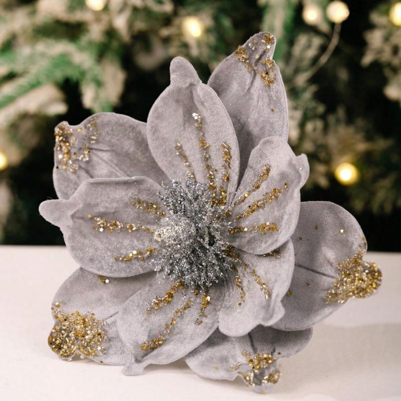 1PC Christmas Home Hotel Holiday Wedding Decoration Supplies Flocked Single Artificial Flowers Gold Powder Christmas Flowers