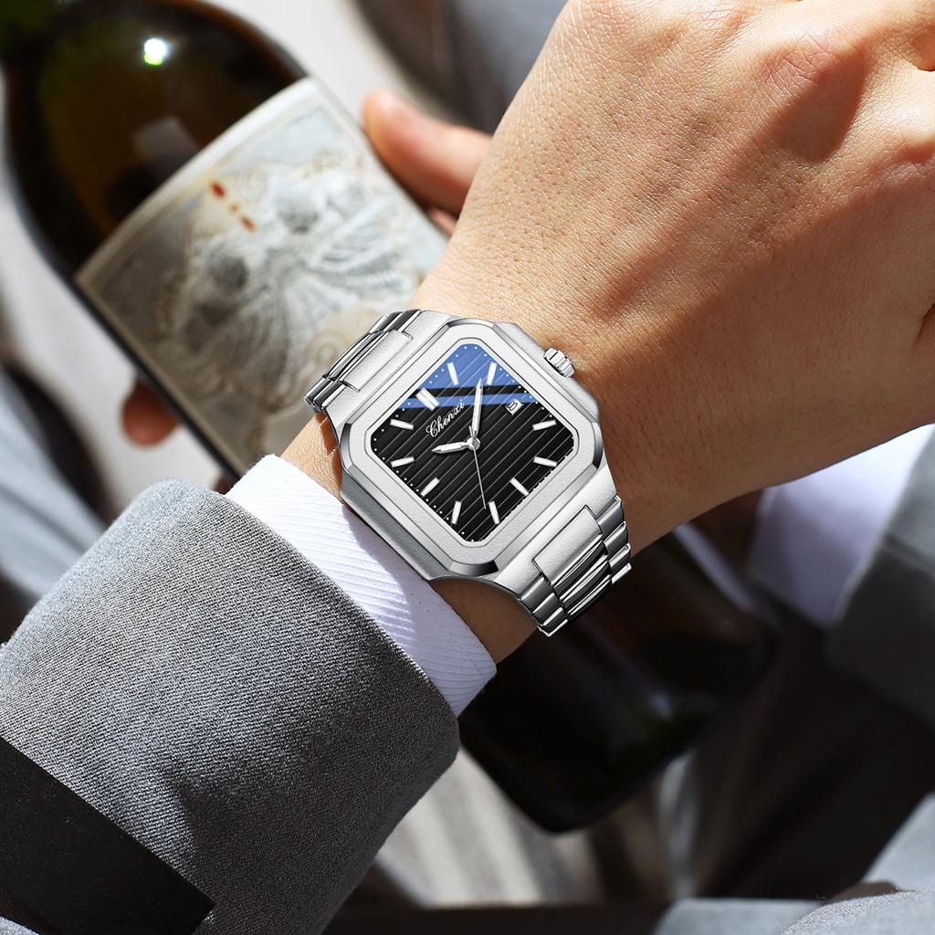 New Man Watches Luxury Fashion Square Men's Quartz Watch Calendar Luminous Waterproof Stainless Steel High Quality Clock