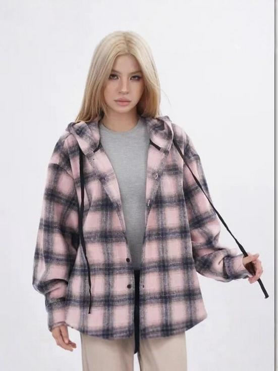 2024 Unisex Loose Fit Hong Kong Plaid Hooded Shirt Jacket - Mid-Length Casual Top