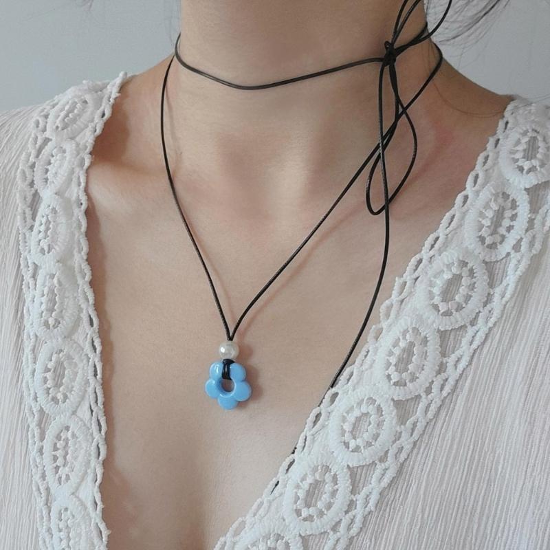 Sweet Cool Pearl Flower Pendant Necklace Fashion Summer Choker Wax Rope Lace up Collar Necklace Statement Jewelry