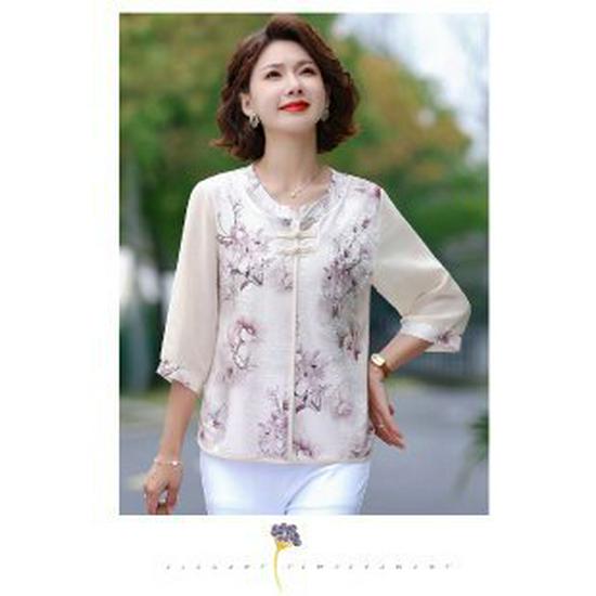

Mom s Summer Chinese-Style Frog Button Top: New Arrival, Three-Quarter Sleeve Fashion T-Shirt for Middle-Aged and Elderly Women 2XL (105-120 jin) фіолетовий/квітковий