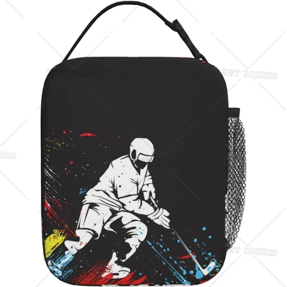 A Ice Hockey Player Insulated Lunch Box for Sport Boys Girls Lovers, Black Cooler Thermal Lunch Bag with Water Bottle Holder