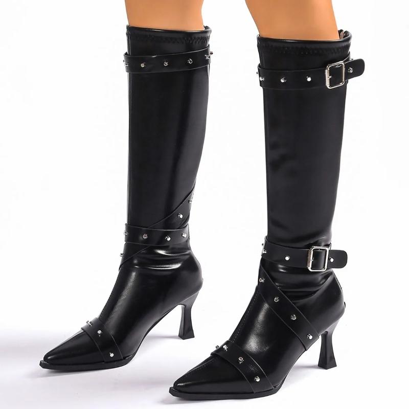 Women's Knee High Boots Temperament Pointed-toe Slimming Long Tube Boots Fashion Belt Buckle Designer Women's High-heeled Boots
