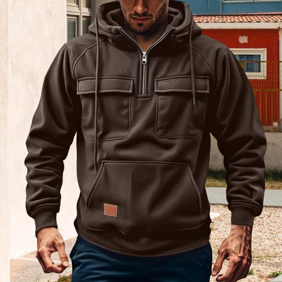 Pánská mikina na zip s polovičním zapínáním, s kapucí se stahovací šňůrkou, s dlouhým rukávem, sportovní topy s kapsami, jednobarevná, design s více kapsami, teplá mikina