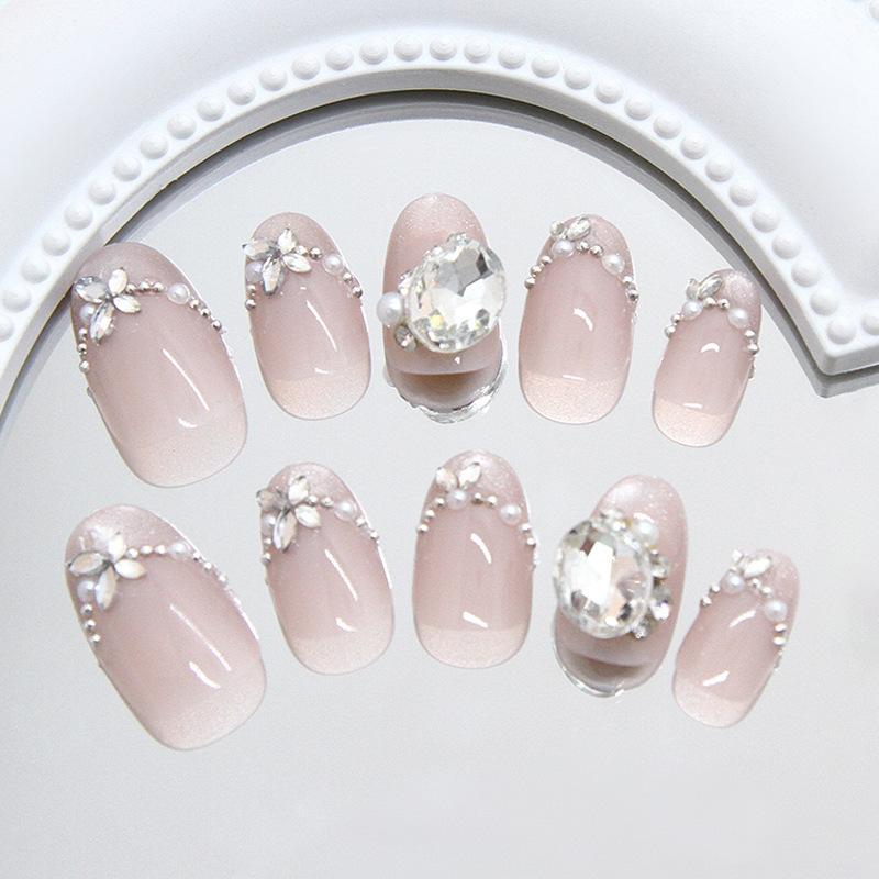 Explosive Cat's Eye French Pearl Pile Diamond Fashionable Sweet Girl European and American Ins Style Removable Nail Art 30 Pieces