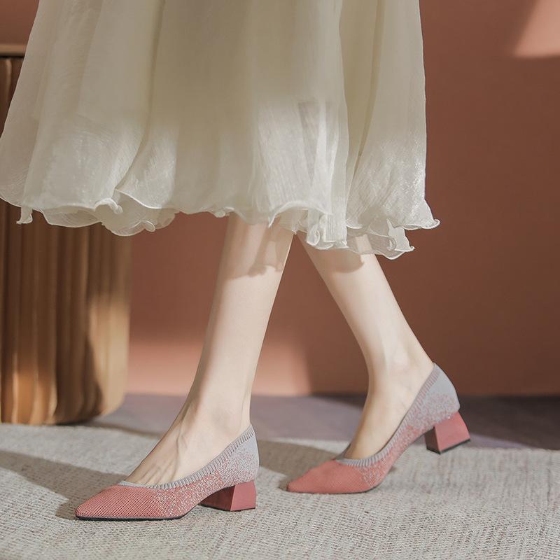 

Flying woven shoes single shoes women s new versatile thick heel pointed head shallow mouth spring and autumn knitted shoes 40