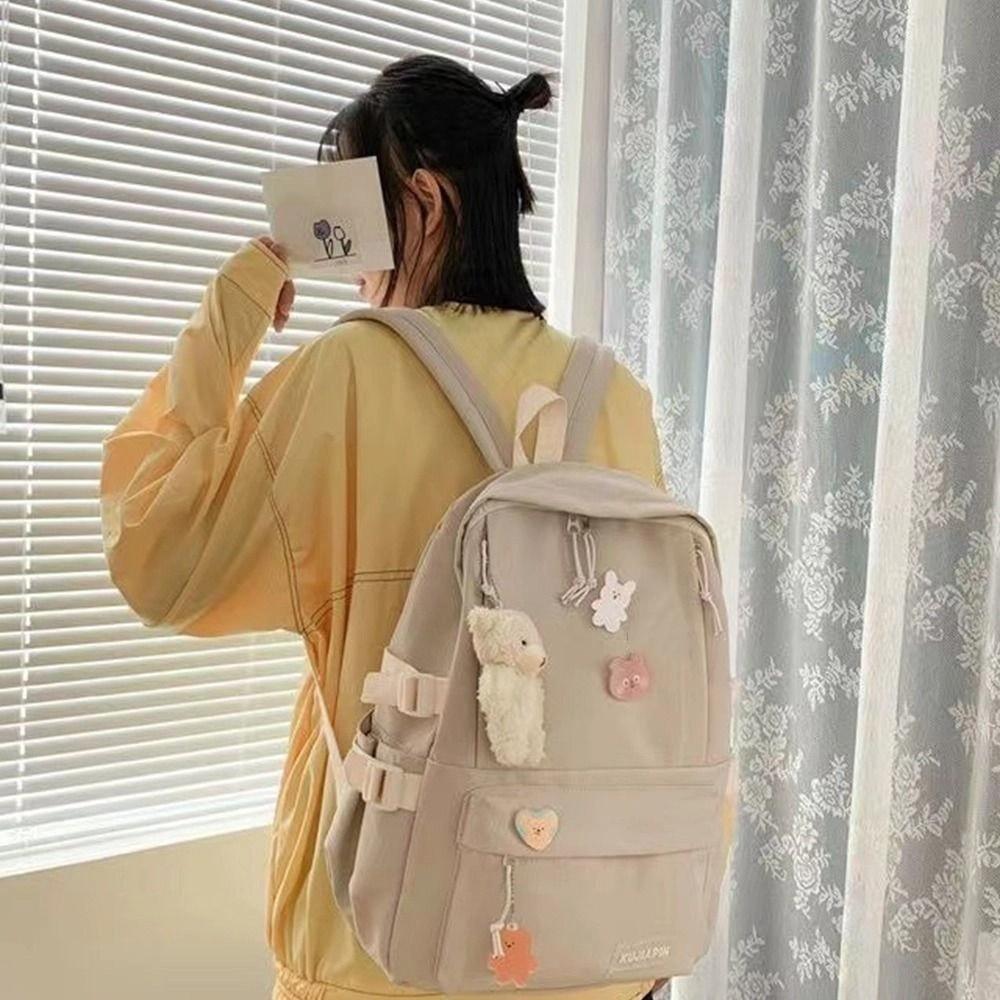 Bear Pendant Solid Color Backpack Large Capacity Shoulder Bag Students School Bag  Students