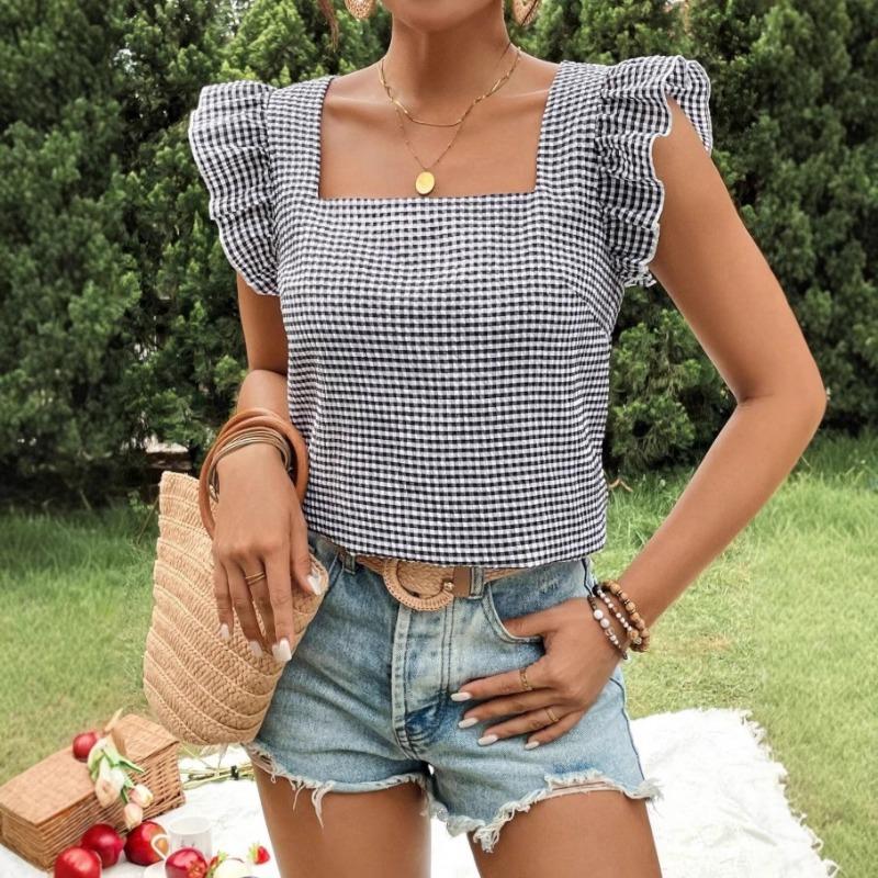 Top camicetta estiva da donna a maniche corte, nuovo, a quadri, con scollo quadrato e volant, casual