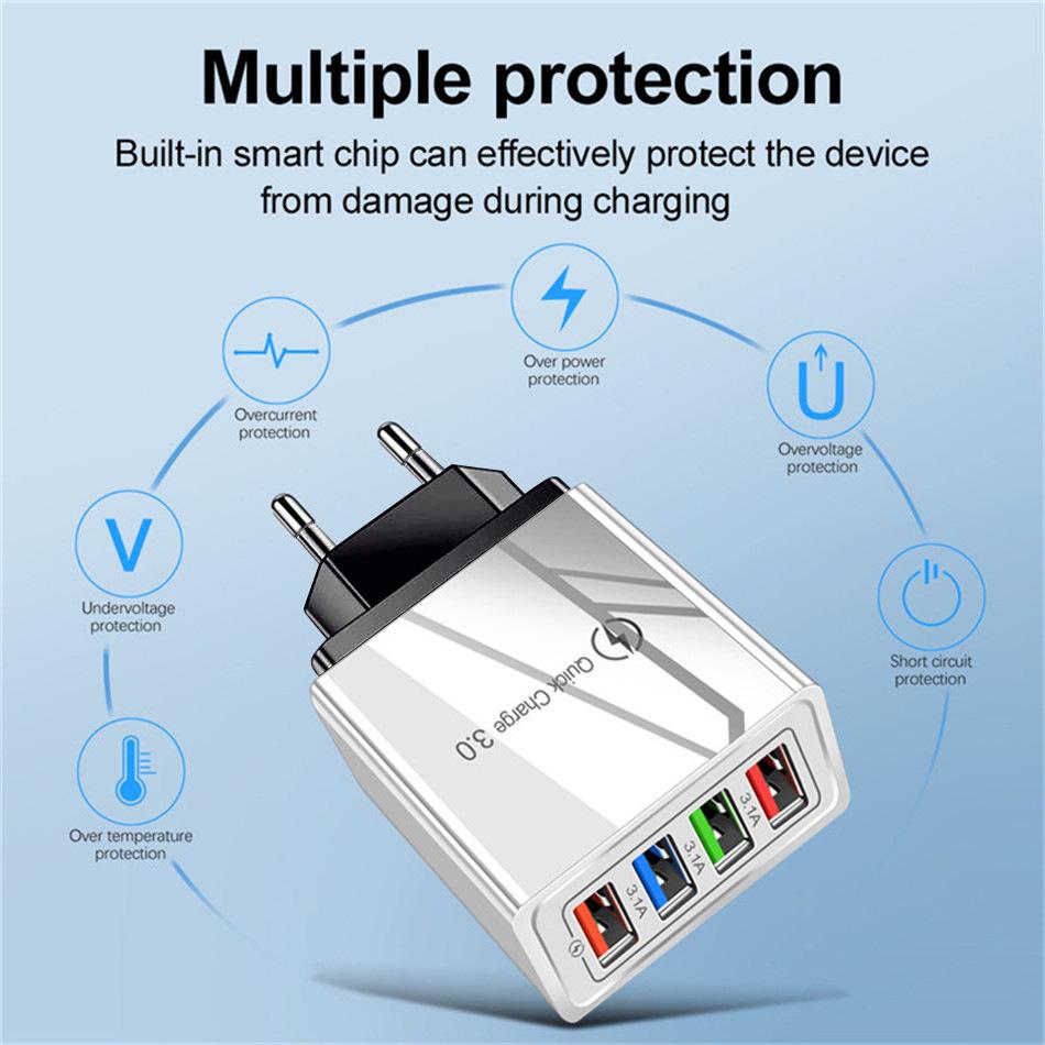 Multi-Port 4 USB Power Adapter 5V 3A Mobile Charger for US/EU - In Stock & Popular