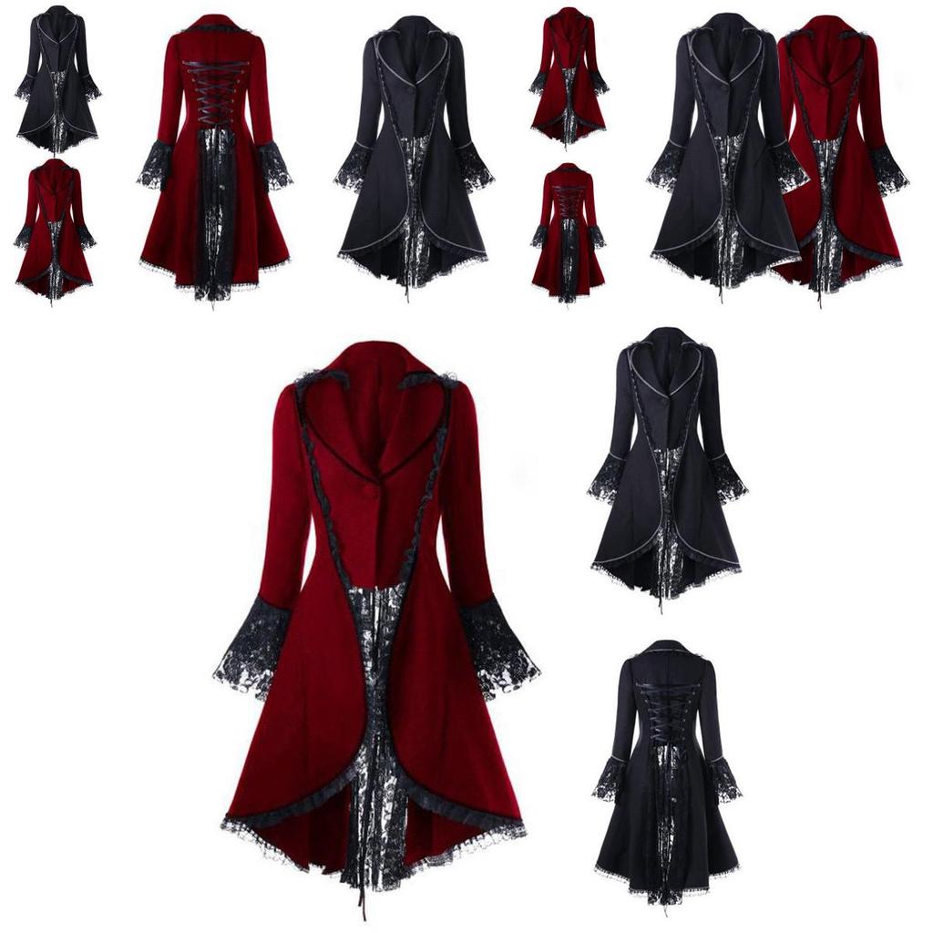 Women's Victorian Style Long Sleeve Coat Dress With Turn-down Collar And Button Opening Front