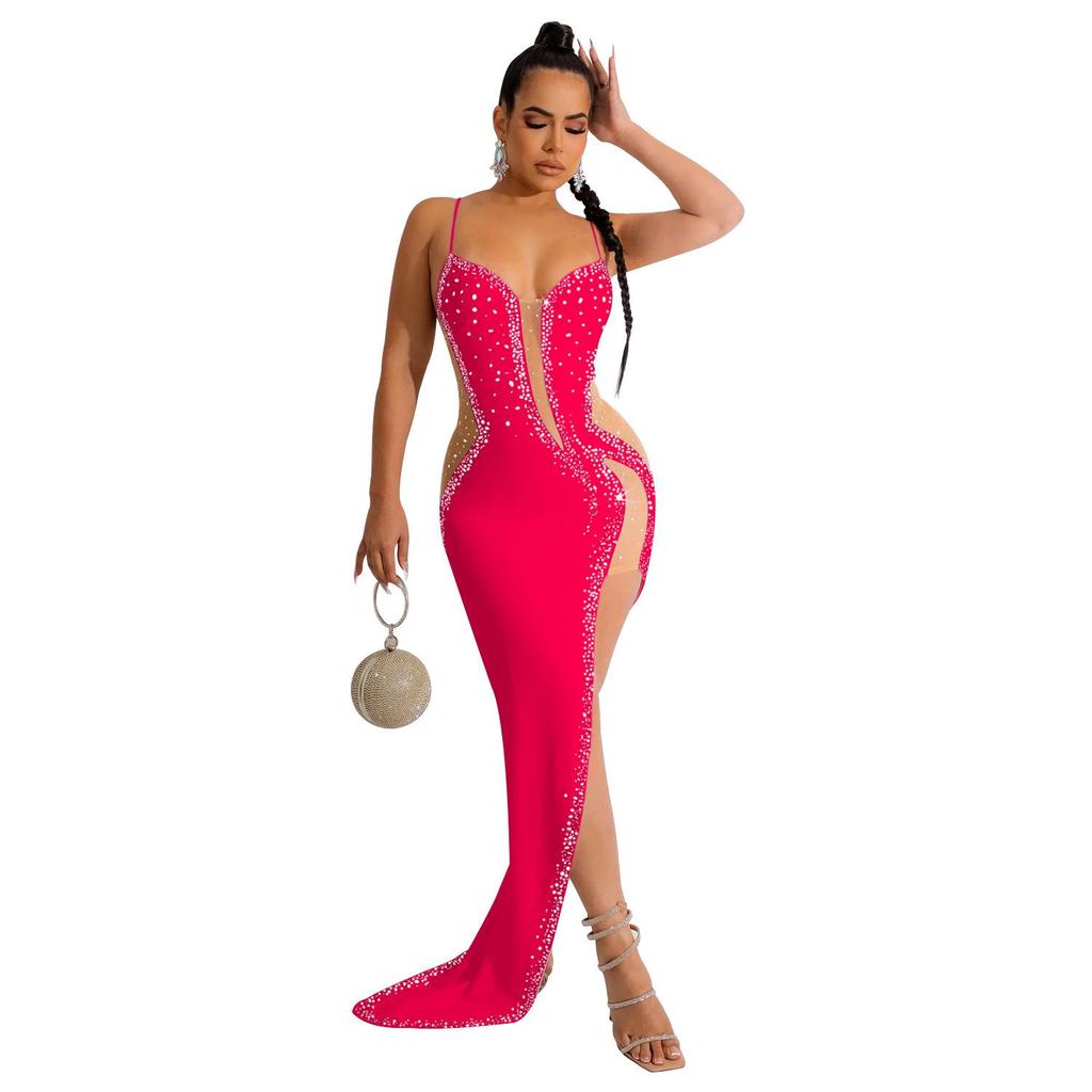 Women's Fashion Solid Color V-Neck Sleeveless Long Dress with Hot Drilling