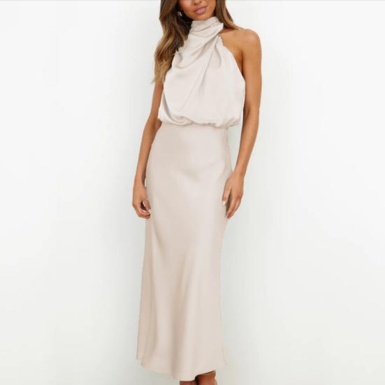 Stehkragen Neckholder ärmellose Taille enges Damenkleid Glattes Satin Midi-Abendkleid mit lockerem Saum